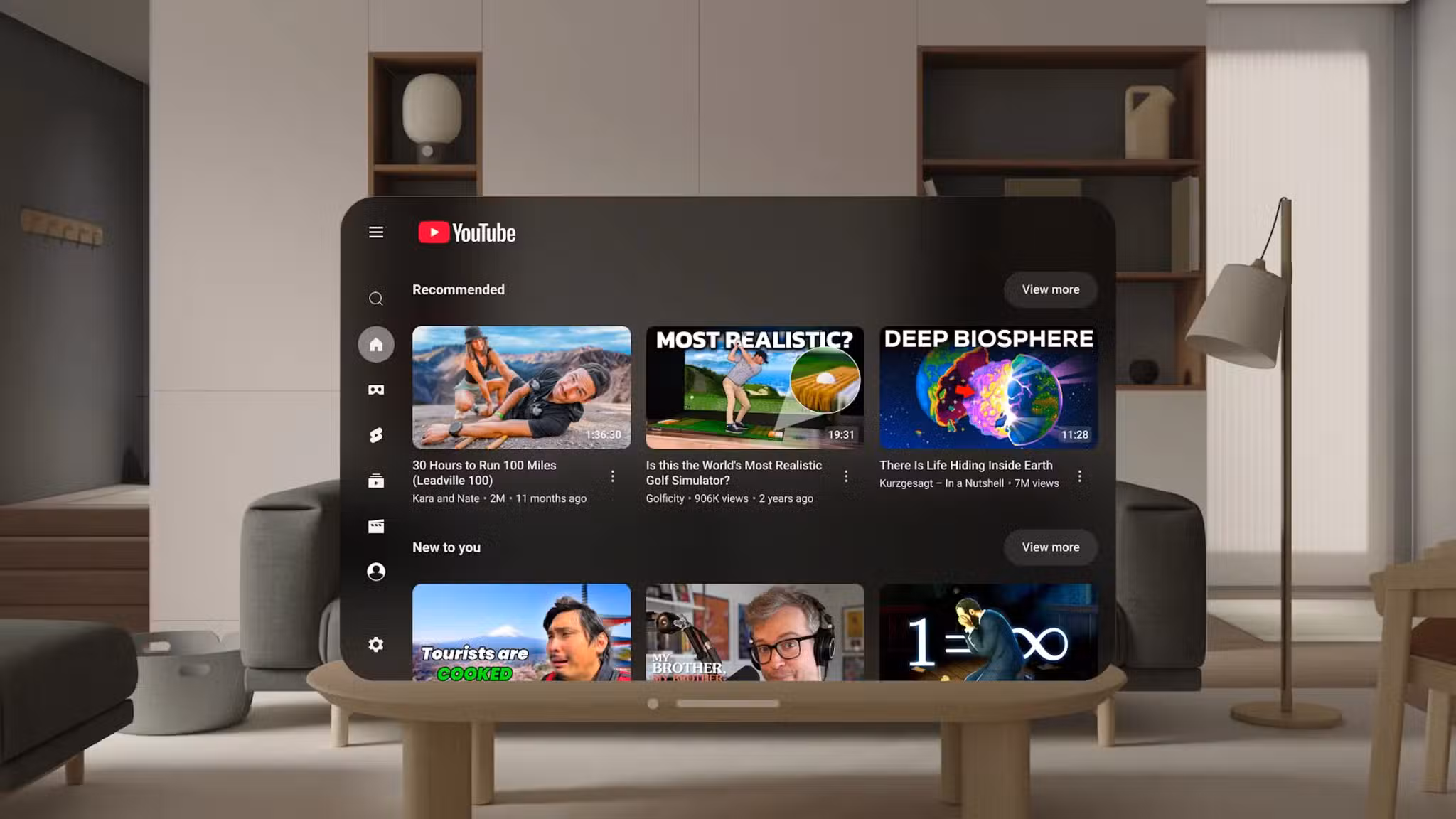 A large TV screen in a modern living room displays the YouTube homepage with video recommendations, including travel, science, and simulation thumbnails—showcasing how Vision Pro YouTube experiences could transform home entertainment.
