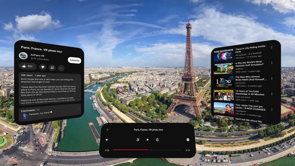 A panoramic aerial view of Paris featuring the Eiffel Tower, with VR video and YouTube interface overlays in the sky, simulating a Vision Pro YouTube virtual reality tour experience.