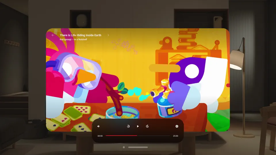 A colorful animated scene plays on a large screen, likely viewed through Vision Pro. In the cozy, dimly lit room, two cartoon birds with beaks interact over a bowl at a table featuring cards and jars—like an imaginative YouTube animation come to life.