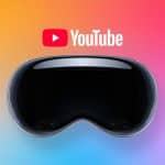 A pair of Apple Vision Pro goggles is centered on a gradient background, with the Vision Pro YouTube logo and text above, and a small white Apple logo in the bottom right corner.