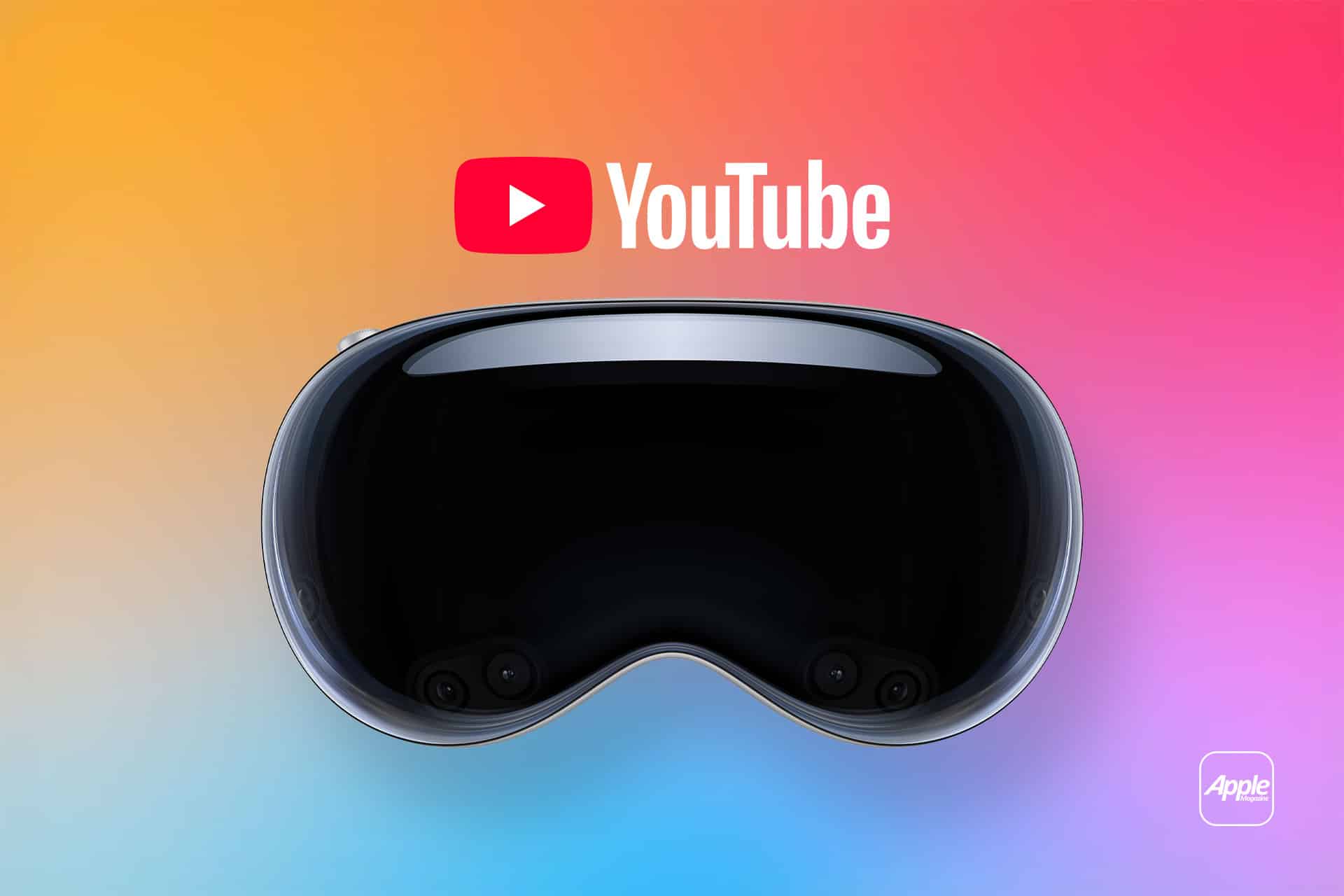 A pair of Apple Vision Pro goggles is centered on a gradient background, with the Vision Pro YouTube logo and text above, and a small white Apple logo in the bottom right corner.