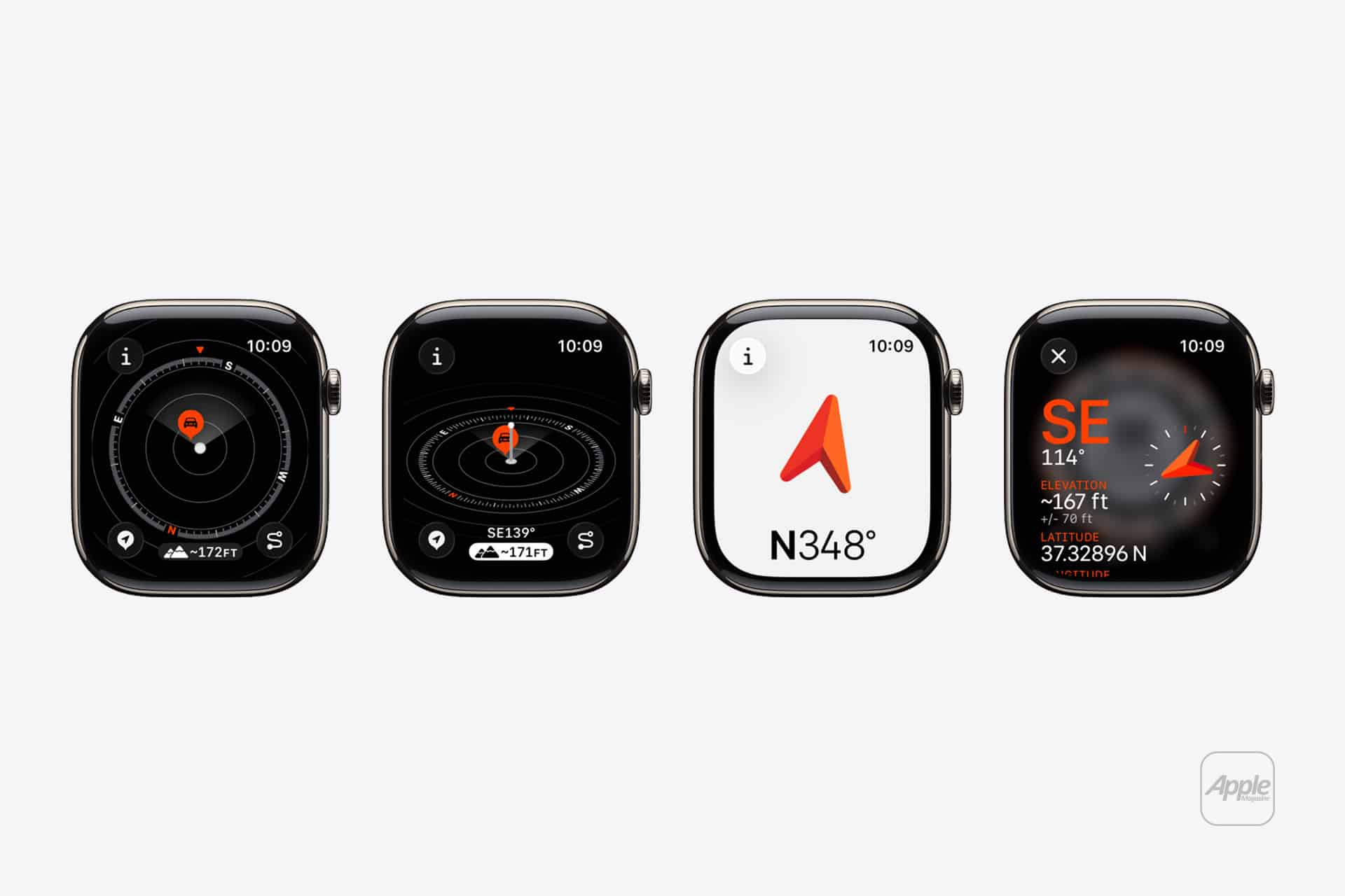 Four Apple Watches displaying different Apple Watch Compass and navigation screens, each showing direction, degree, altitude, and coordinates on black backgrounds with orange, white, and red interface elements. An Apple logo appears in the lower right corner.