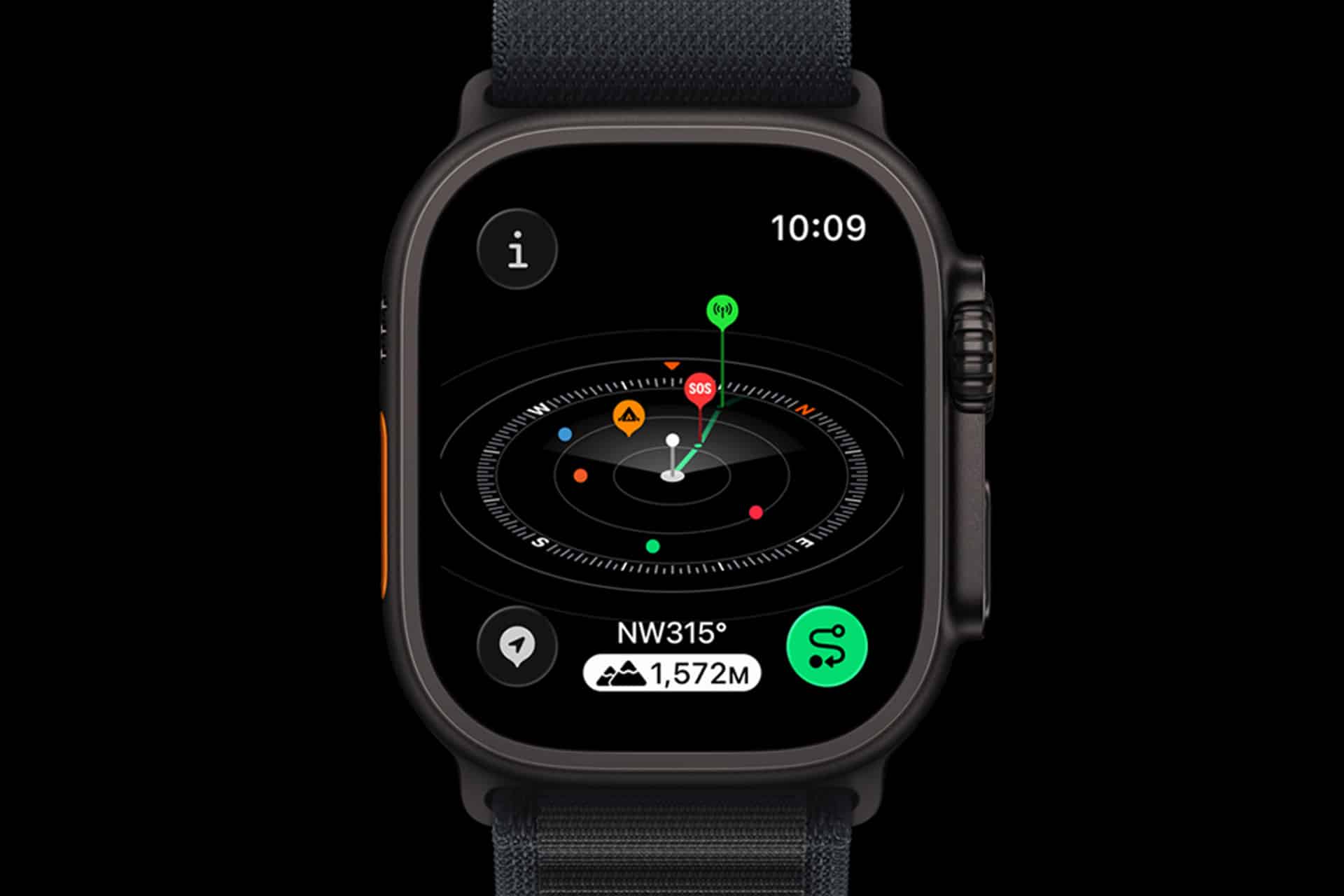 An Apple Watch display shows the Compass app with directional markers, a 3D compass dial, waypoint indicators, altitude at 1,572 meters, NW 315° heading, and the time at 10:09. The watch features a dark band.