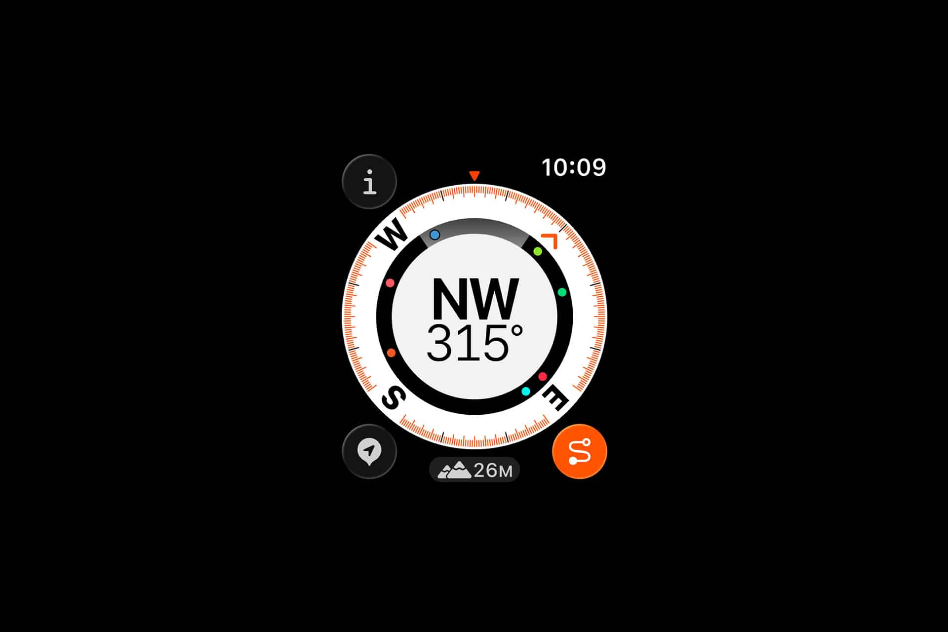 A digital Apple Watch Compass interface displays "NW 315°" at the center, with cardinal directions around a circular dial. The time reads 10:09, altitude shows as 26 meters, and icons appear on each side of the Apple Watch display.
