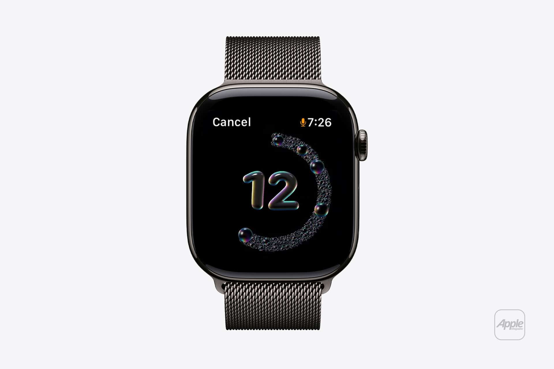 A black Apple Watch with a metallic mesh band features a colorful number "12," a circular Handwashing Timer graphic, the time 7:26, and a "Cancel" option. The Apple logo appears in the bottom right corner.