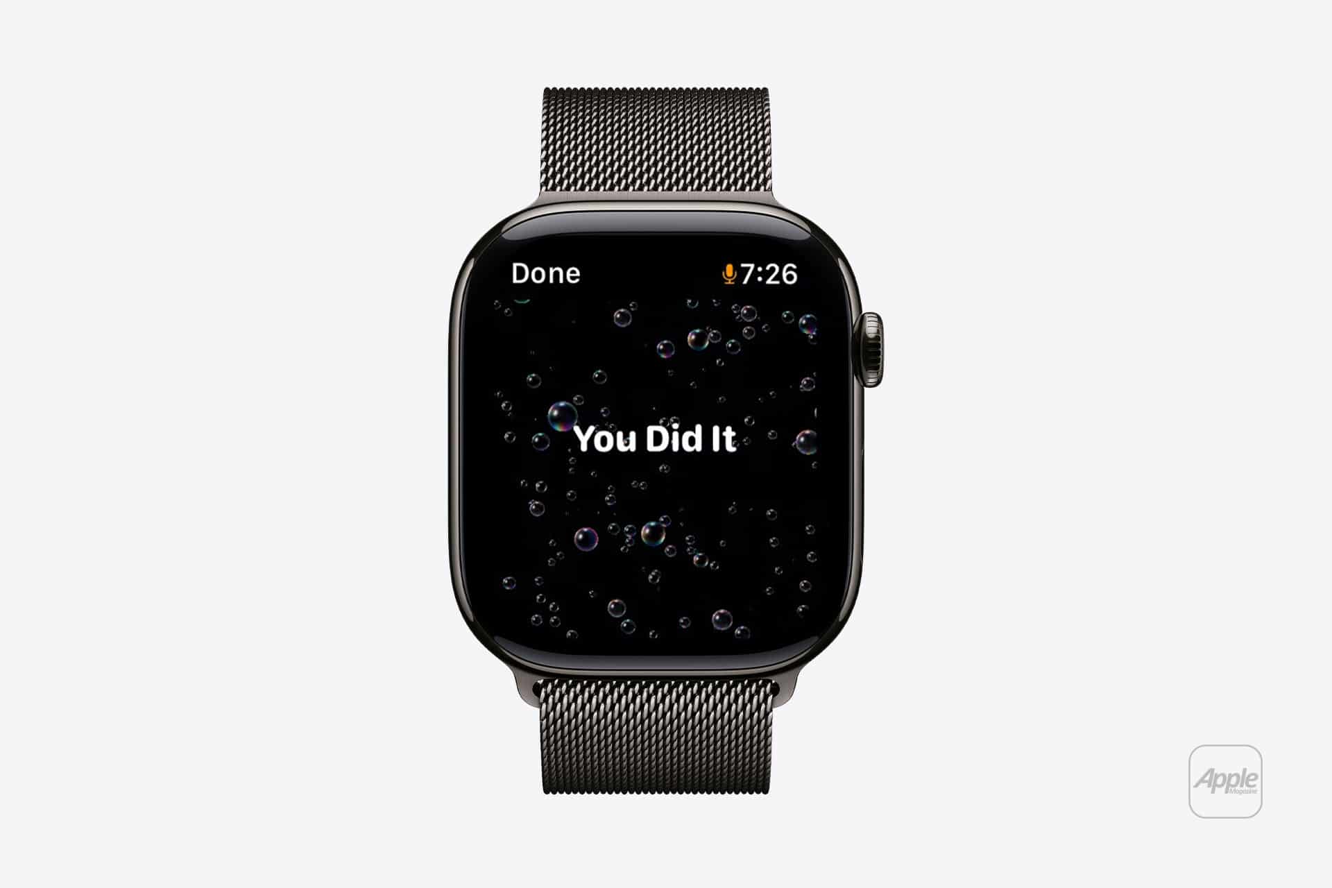 An Apple Watch displays a Handwashing Timer message saying "You Did It" with bubbles on the screen. The time is 7:26, and there's a small trophy icon. "Done" appears at the top left, and the watch features a metal mesh band.