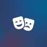 Two white theater masks, one smiling and one frowning, are centered on a blue gradient background. In the bottom right corner, a small Apple logo with “Apple” inside subtly nods to Apple Watch Theater Mode.