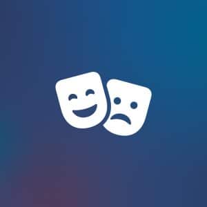 Two white theater masks, one smiling and one frowning, are centered on a blue gradient background. In the bottom right corner, a small Apple logo with “Apple” inside subtly nods to Apple Watch Theater Mode.