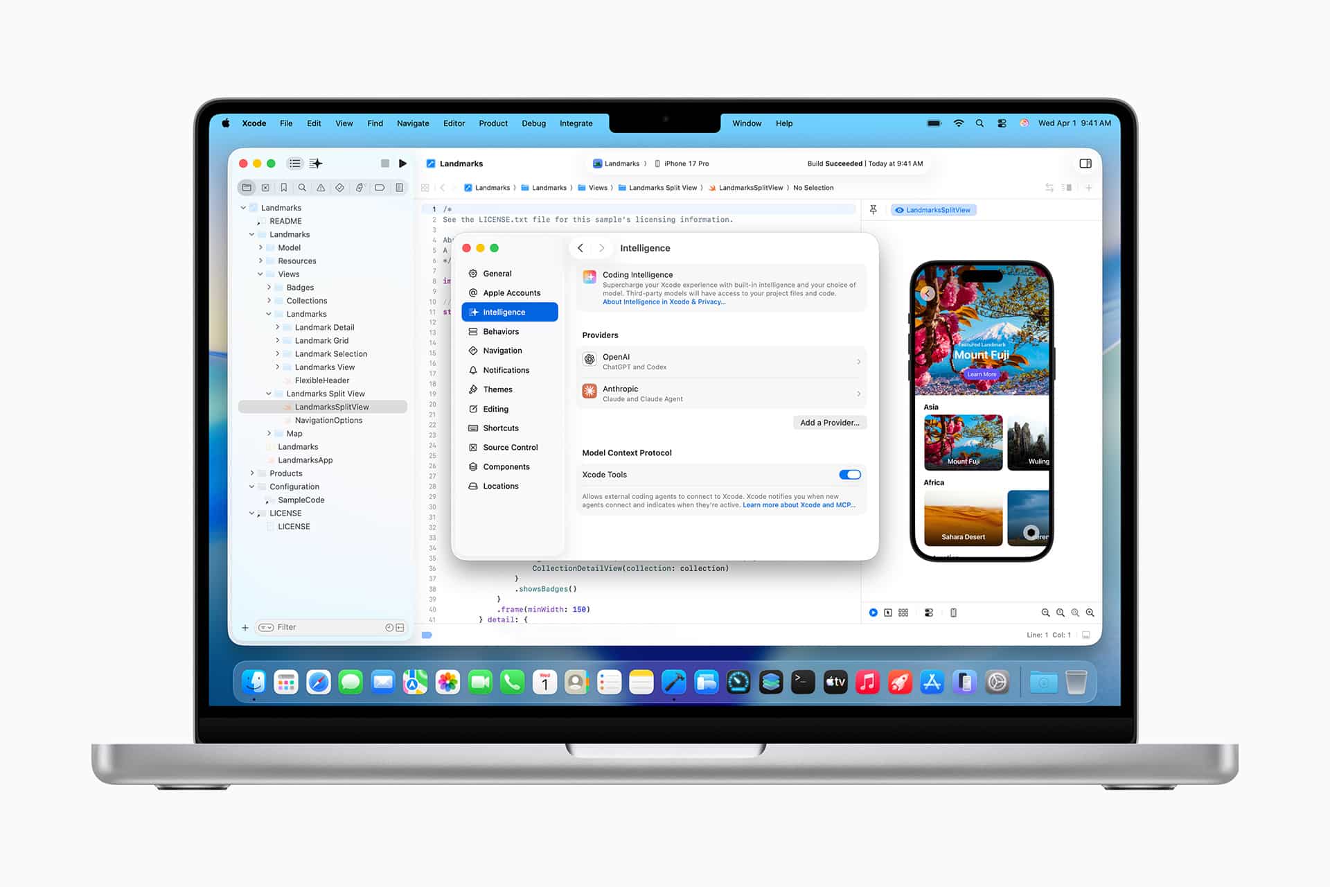 Xcode Agentic Coding - A MacBook displays Apple's Xcode Agentic development environment with an iOS app project open, showing settings for Core Intelligence and a preview of the app's interface on an iPhone simulator.