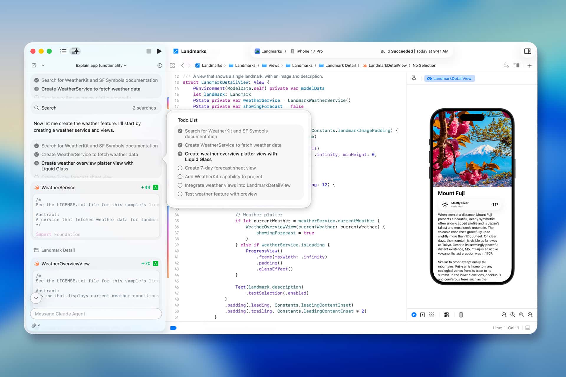A computer screen displays an Agentic app development environment in Xcode, featuring code, a chat assistant, search suggestions, and an iPhone simulator previewing an app with an image and description of Mount Fuji.
