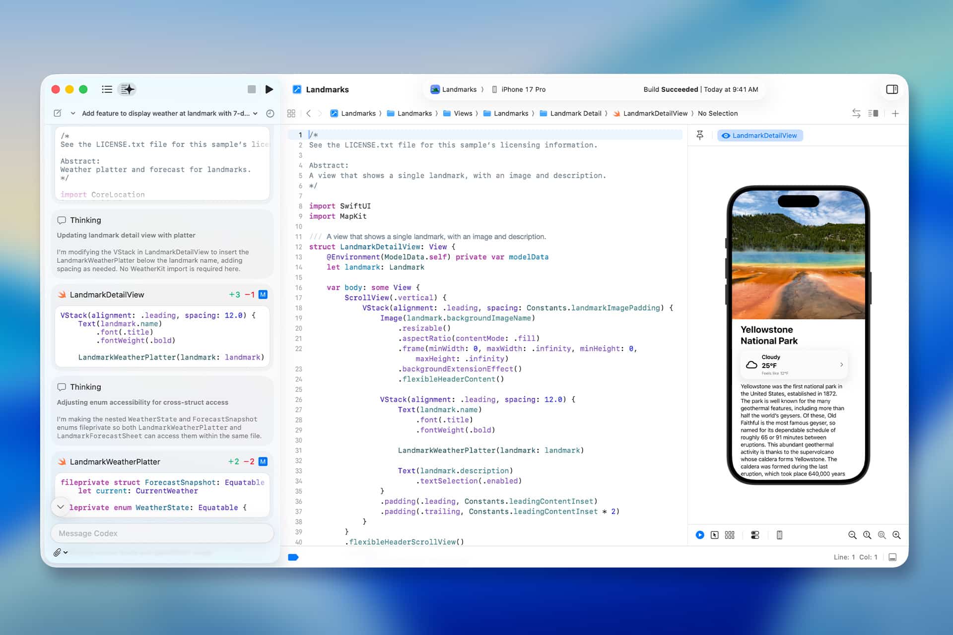 A computer screen shows an Xcode workspace with Swift code for a landmarks app. On the right, a smartphone preview displays a Yellowstone National Park card with an image, title, and description. The Xcode interface has an agentic, blue-blurred background.