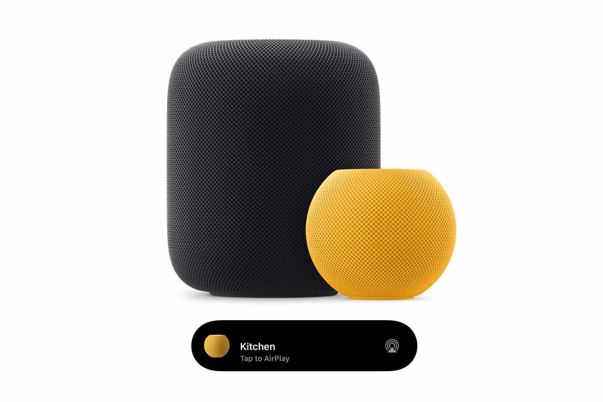 A large black smart speaker and a smaller yellow smart speaker sit side by side. Below them, a digital display shows "Kitchen Tap to AirPlay" with a yellow icon, ready for easy iPhone AirPlay streaming.