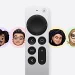 A silver Apple TV remote is centered vertically, surrounded by four colorful circles showcasing animated Memoji faces and accessories—highlighting the fun of Apple TV Profiles. The Apple logo appears in the bottom right corner.