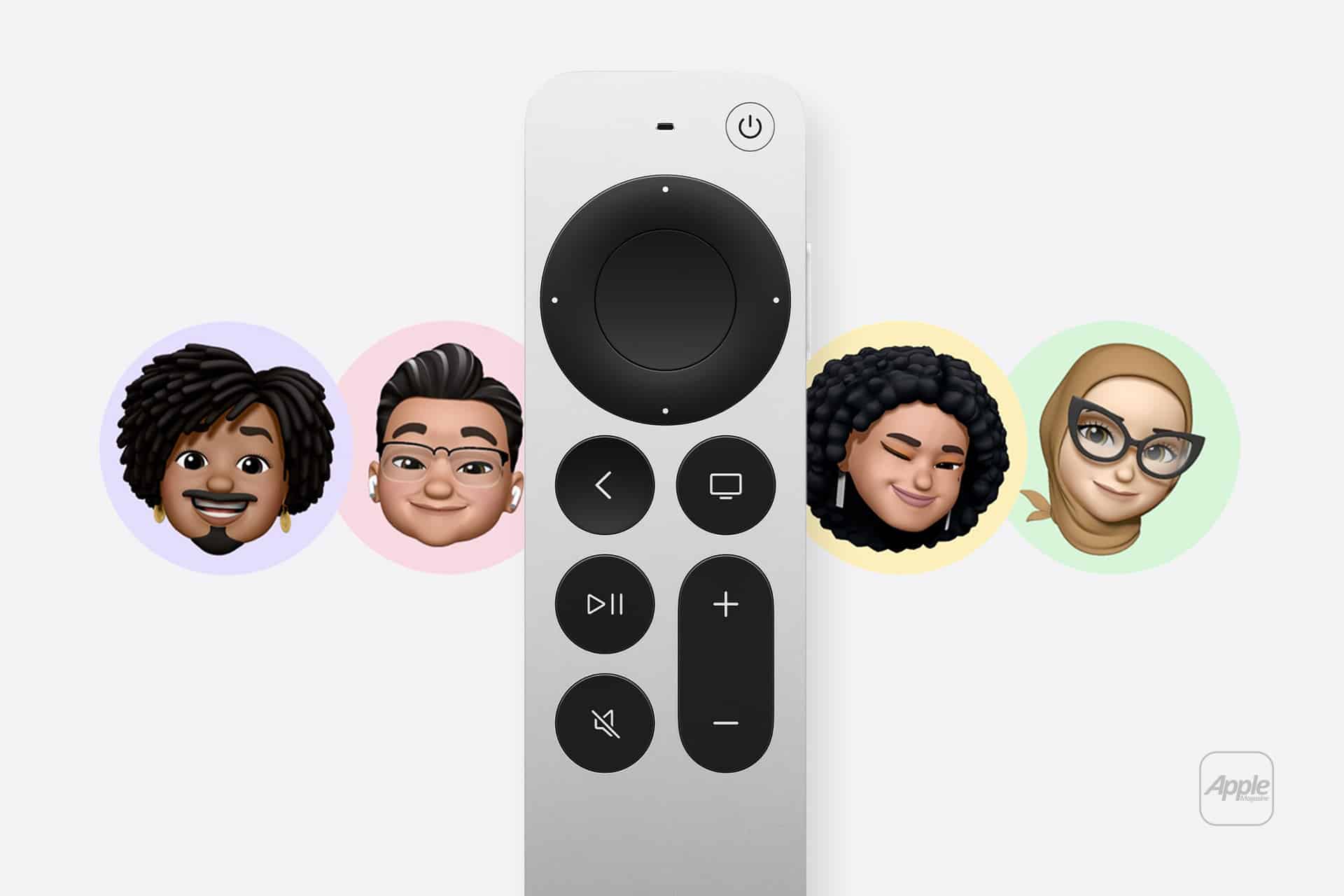A silver Apple TV remote is centered vertically, surrounded by four colorful circles showcasing animated Memoji faces and accessories—highlighting the fun of Apple TV Profiles. The Apple logo appears in the bottom right corner.