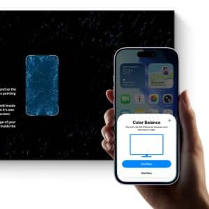 Apple TV Calibration - A hand holds an iPhone displaying a “Color Balance” setup for Apple TV Calibration. In the background, a TV shows on-screen instructions and a phone outline, guiding you through TV Calibration steps.