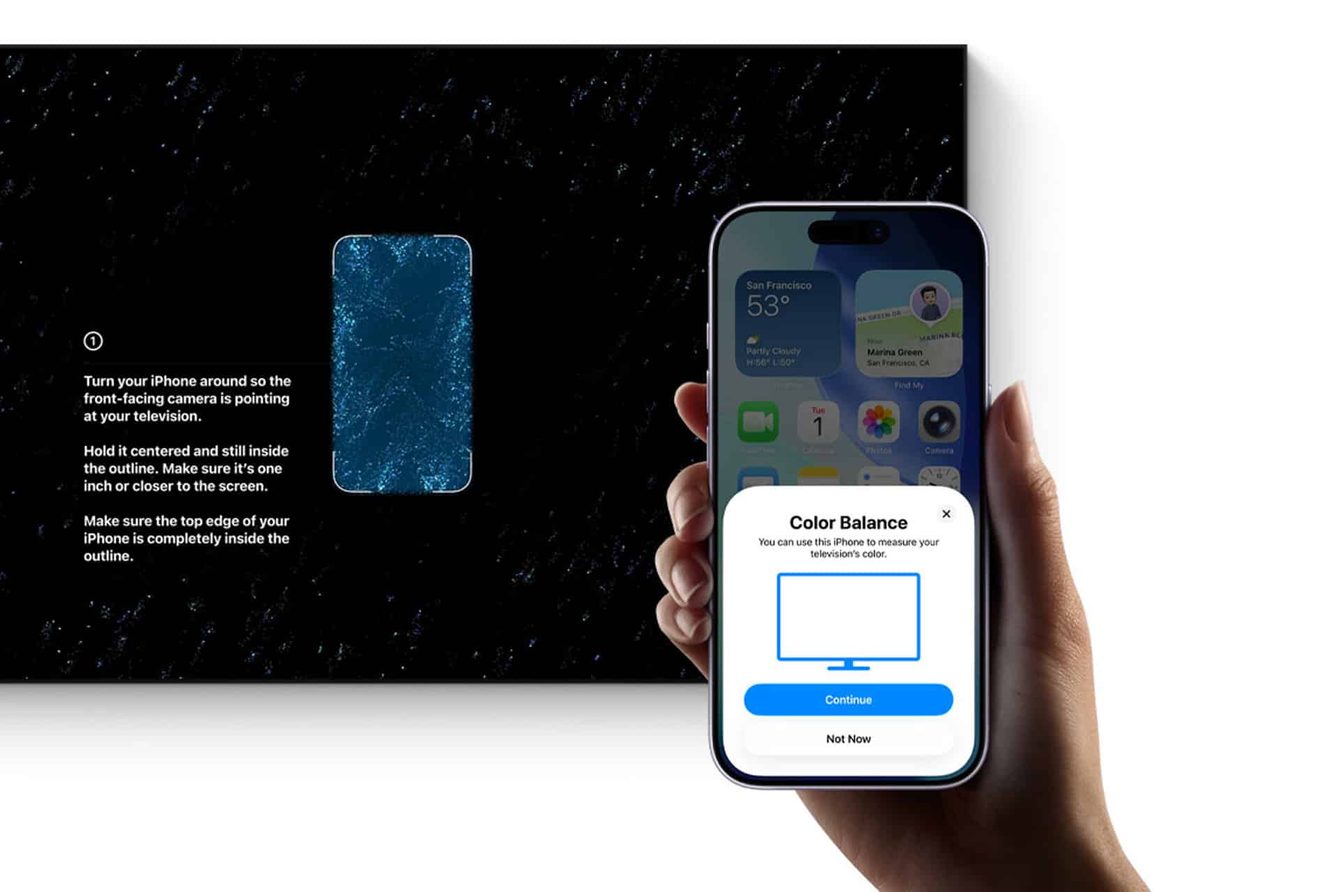 Apple TV Calibration - A hand holds an iPhone displaying a “Color Balance” setup for Apple TV Calibration. In the background, a TV shows on-screen instructions and a phone outline, guiding you through TV Calibration steps.