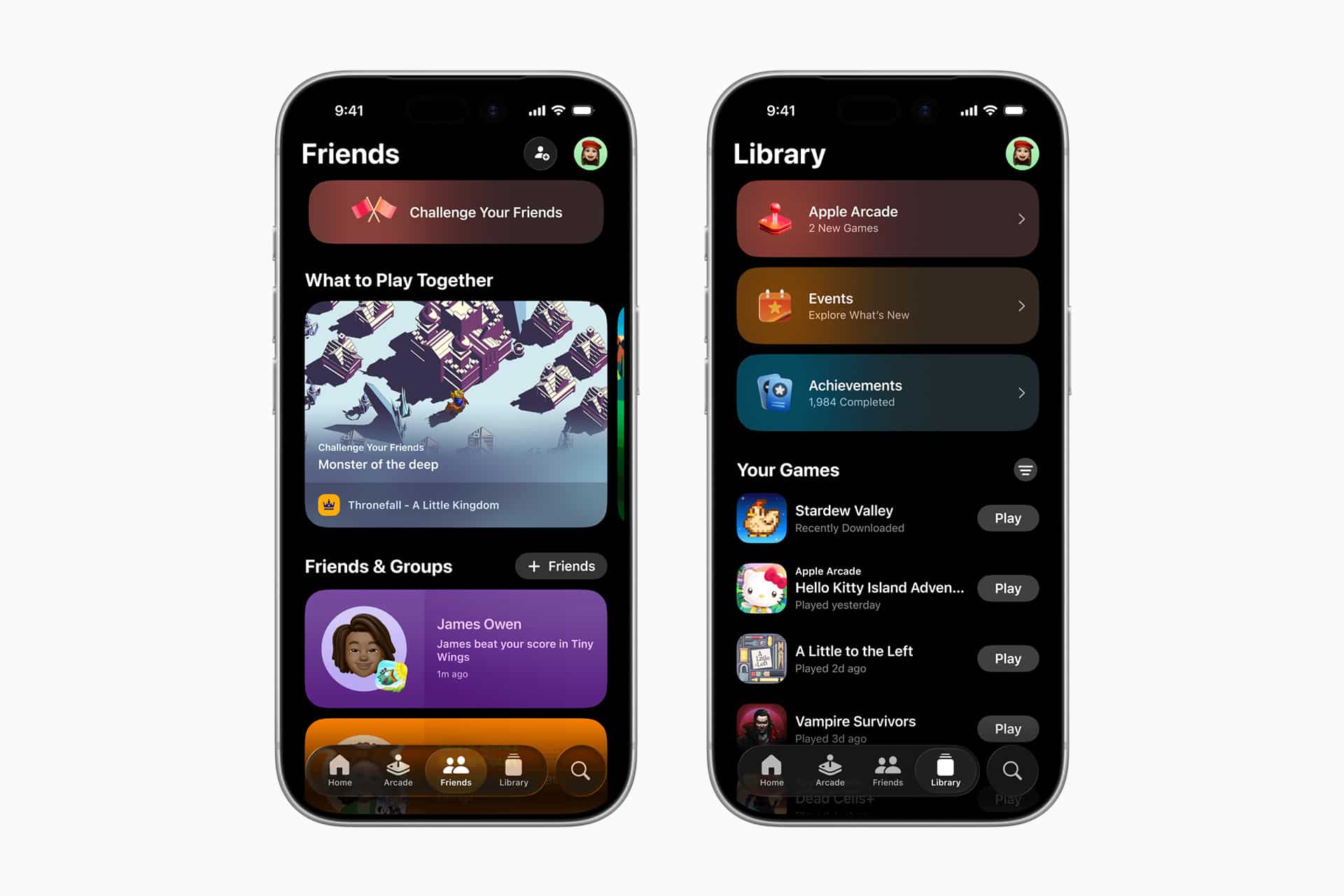 Two smartphones display a gaming app interface. The left screen shows a "Friends" tab with game recommendations and friend groups. The right screen highlights the "Library" tab with Apple Arcade, achievements, and a list of available games.