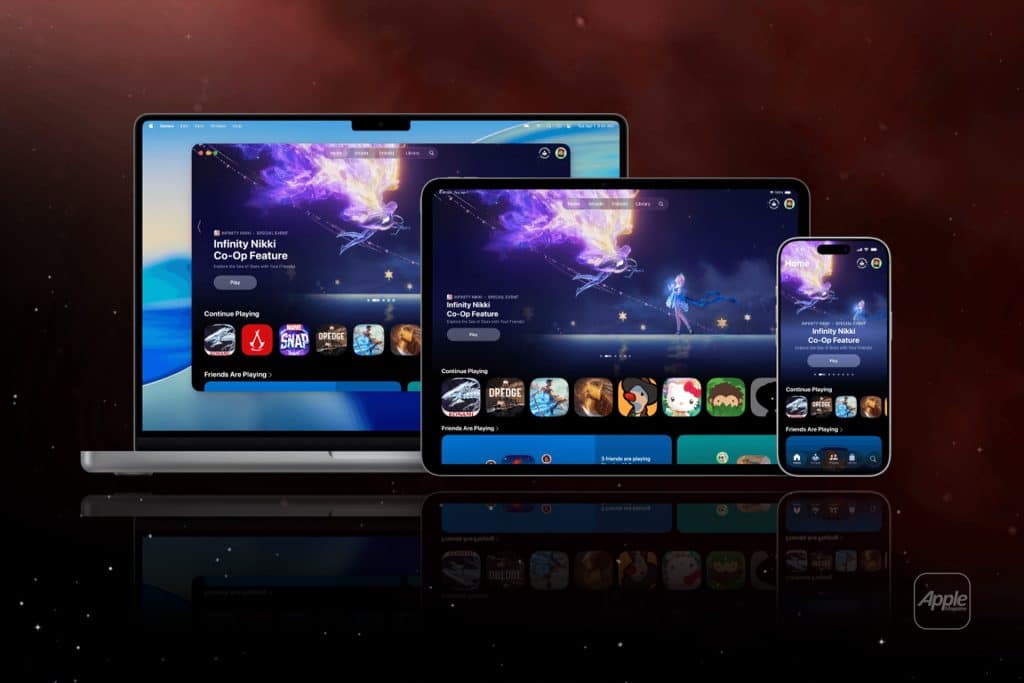 A MacBook, iPad, and iPhone display the same Apple Arcade gaming app interface featuring a fantasy game with a character flying amid purple energy. The Apple logo appears on a dark, space-themed background.