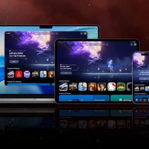 A MacBook, iPad, and iPhone display the same Apple Arcade gaming app interface featuring a fantasy game with a character flying amid purple energy. The Apple logo appears on a dark, space-themed background.