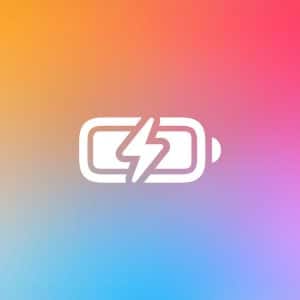 A white battery icon with a lightning bolt inside is centered on a vibrant gradient background of orange, pink, purple, and blue hues—hinting at mac battery drain. The Apple logo appears in the bottom-right corner.