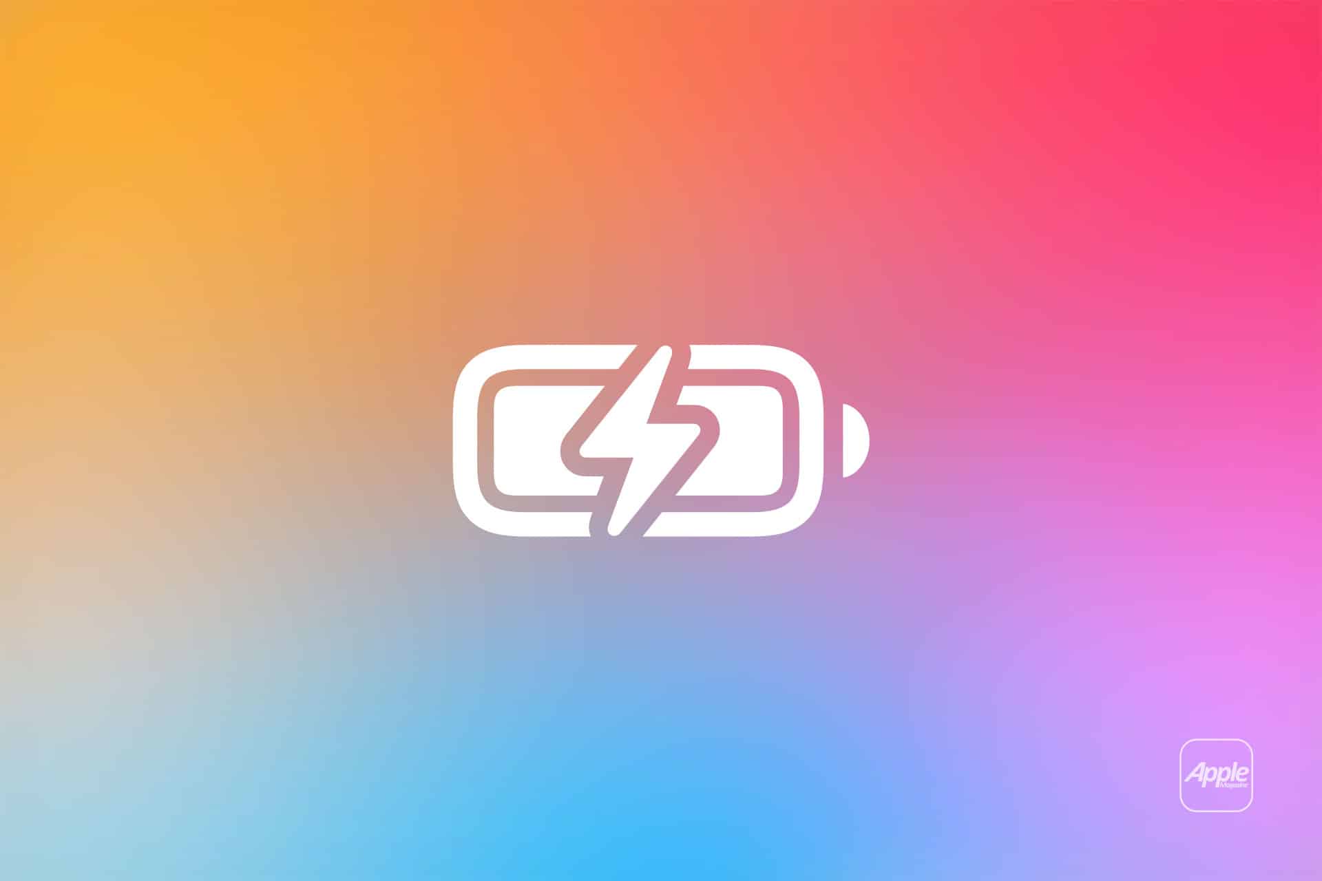 A white battery icon with a lightning bolt inside is centered on a vibrant gradient background of orange, pink, purple, and blue hues—hinting at mac battery drain. The Apple logo appears in the bottom-right corner.