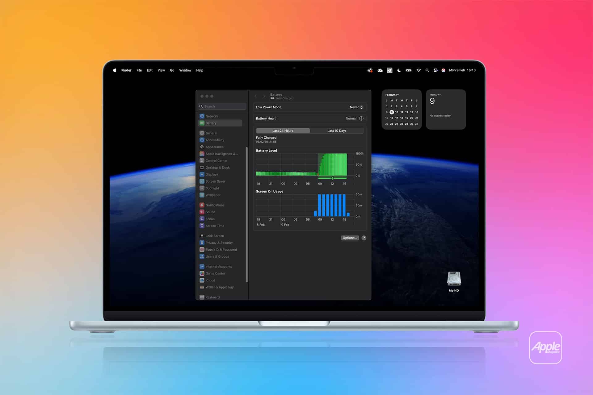 A MacBook displays a mac battery drain graph and stats on its screen, set against an outer space wallpaper. The background features a vibrant gradient, with an Apple logo in the bottom right corner.