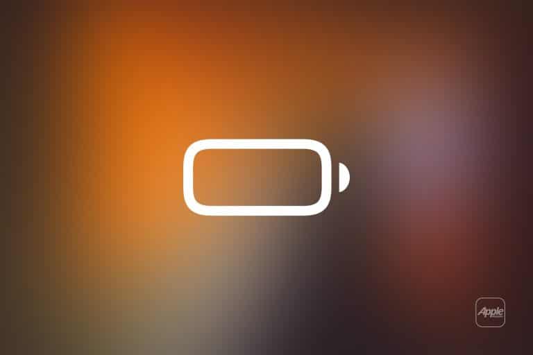 A low battery icon in white appears centered on a blurred orange and brown background, with a small "Apple" logo in a rectangle at the bottom right corner—suggesting you check Activity Monitor for Mac Energy Impact to improve Mac performance.