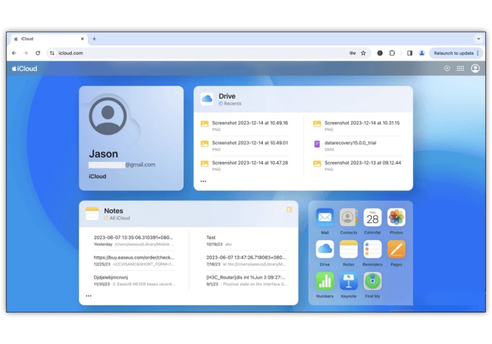A computer screen shows the iCloud dashboard with sections for Drive files, Notes, and Mail. The user is "Jason" and app icons on the right offer quick access to Photos, Mail, Drive, Notes, Calendar, and more—ideal for iCloud data recovery.