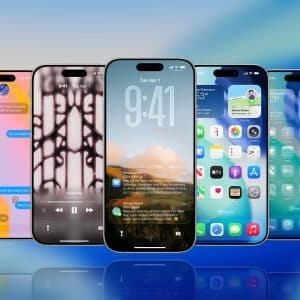 Five iPhones are displayed side by side, each showcasing AI processing power across different screens: Messages, Music, Lock Screen, Home Screen, and Weather app, set against a blue gradient background with an Apple logo in the top right corner.