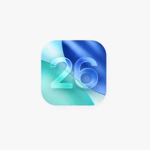 App icon with overlapping blue and aqua shapes in the background and the number 26 in translucent white centered on top, inspired by iOS 26.3 design elements.