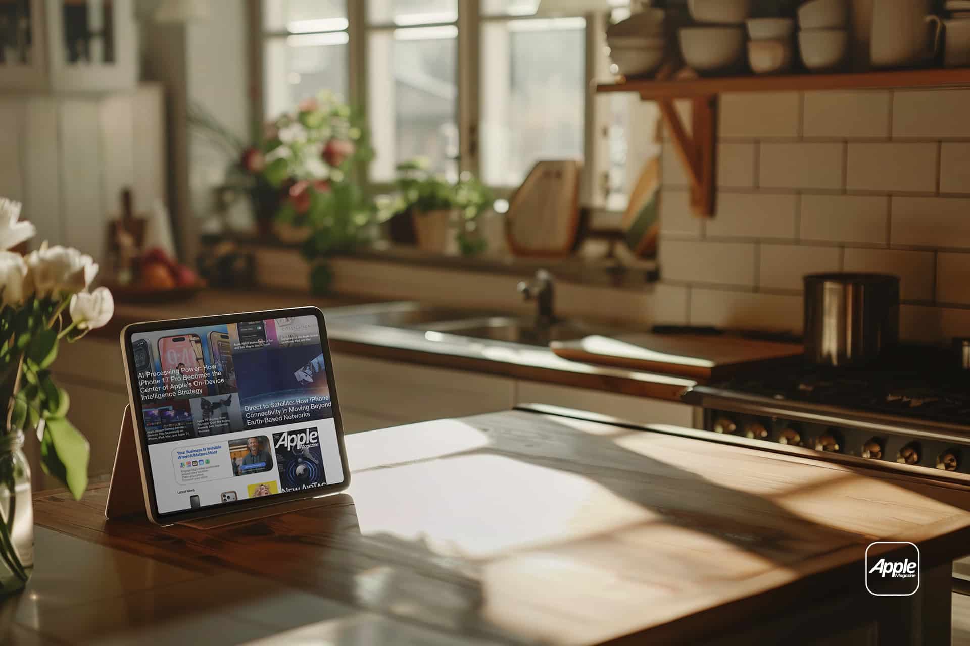 An iPad Kitchen companion sits on the wooden island, displaying news articles. Sunlight streams through windows, illuminating plants, dishes, and a stove in this cozy, modern kitchen. An Apple logo is visible in the image corner.