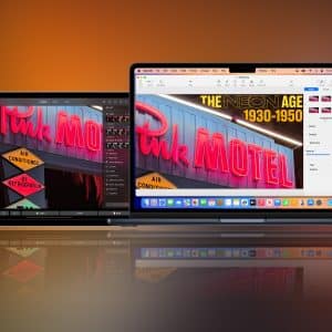 Two Apple devices display photo and design editing apps featuring a neon "Pink Motel" sign, highlighting iPad Sidecar. The screens show editing tools, with an orange gradient background and an Apple logo in the lower right corner.