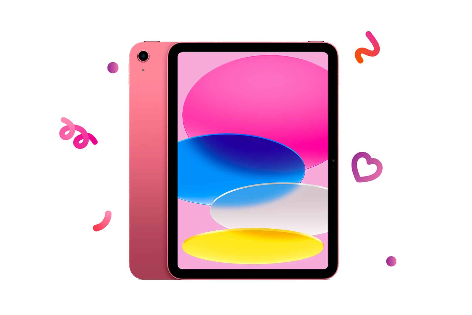 A pink tablet with a colorful screen displaying overlapping ovals in pink, blue, white, and yellow. Surrounded by playful squiggles and shapes on a white background, it makes a cheerful pick for any Valentine’s Day or Apple Gifts Guide.