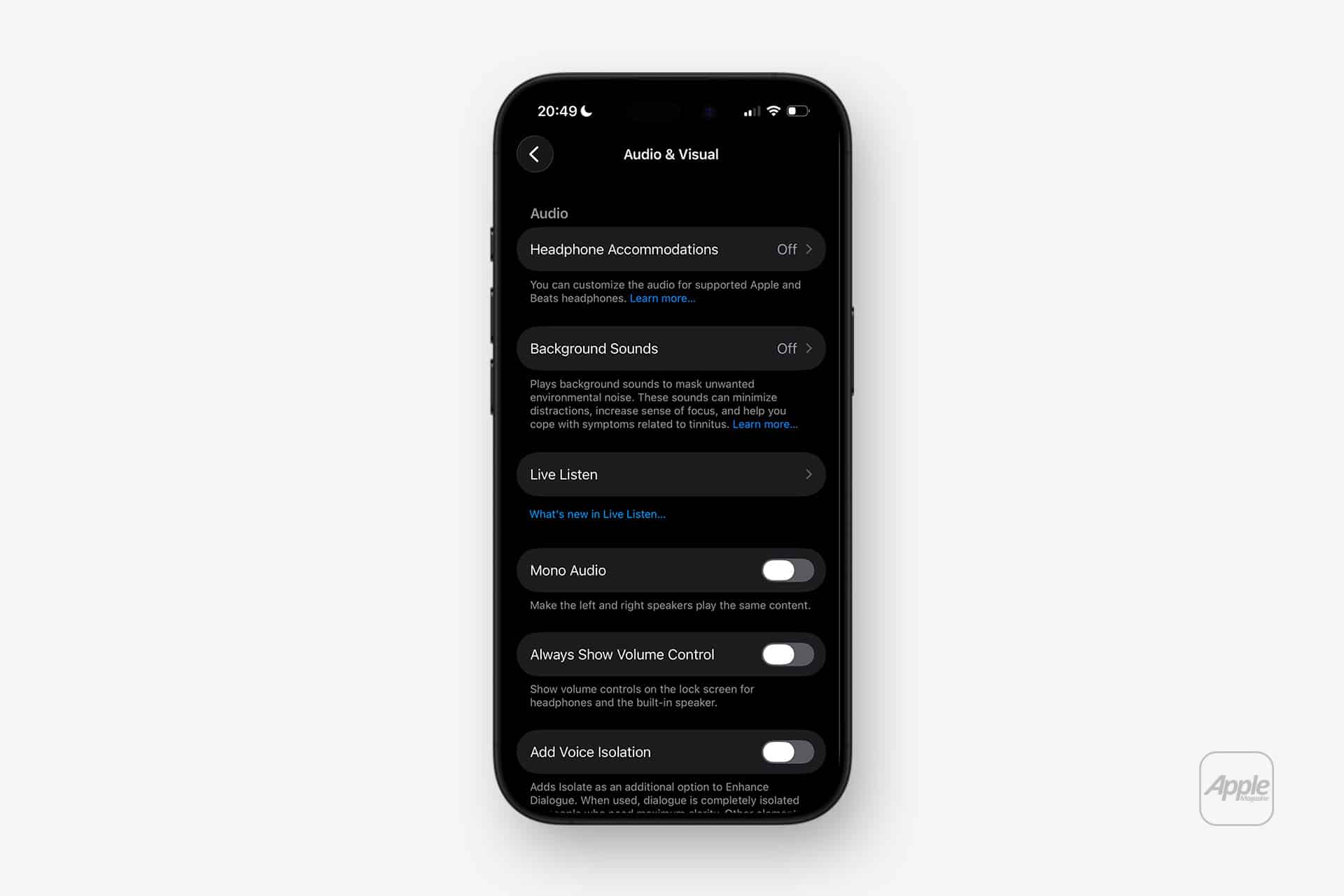 An iPhone displays the “Audio & Visual” accessibility settings screen in dark mode, showing options like headphone accommodations, AirPods Conversation Boost, background sounds, mono audio, volume control, and voice isolation.