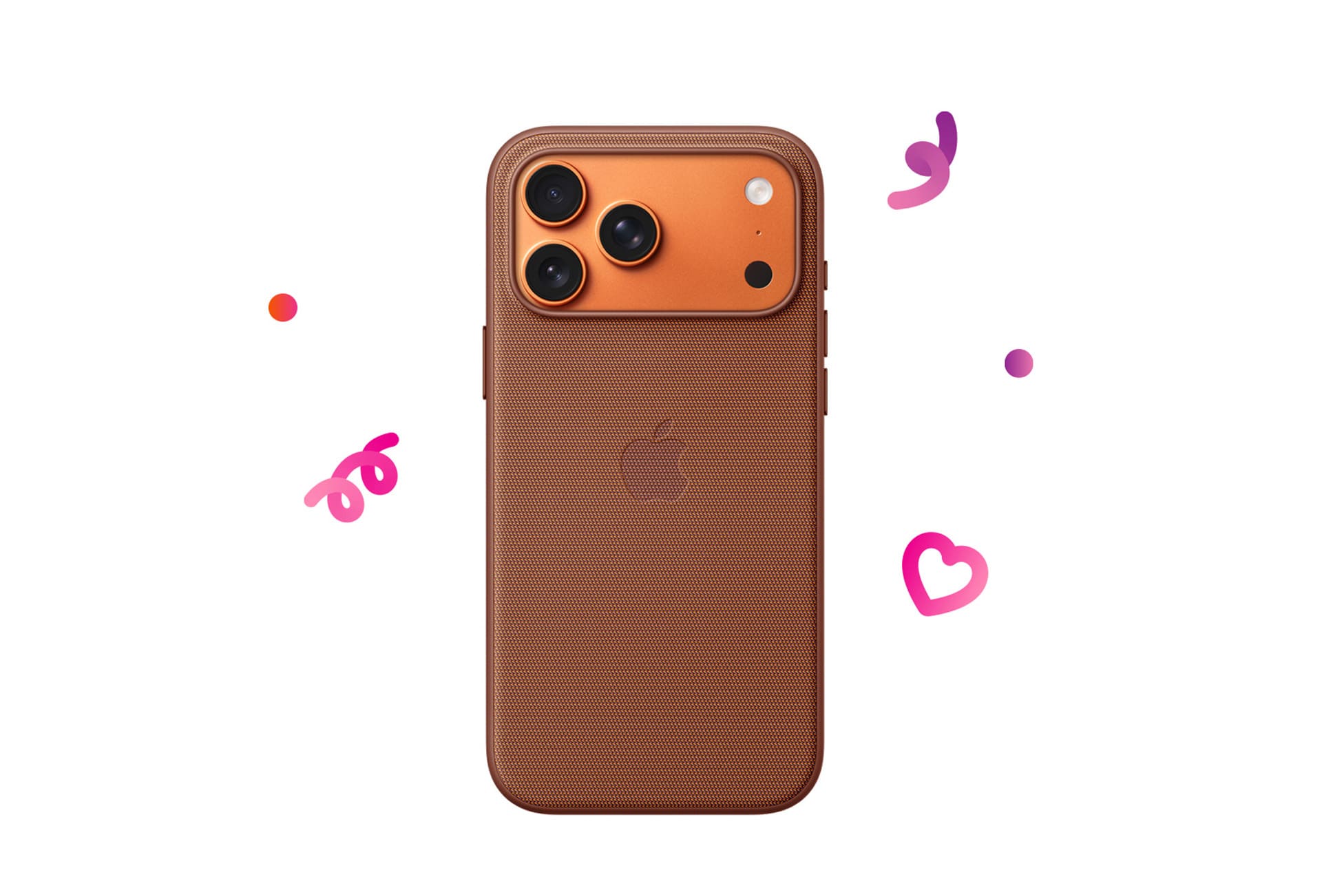 A brown iPhone with three cameras is shown upright in a textured case, surrounded by colorful doodles—like a pink heart and purple swirls—on a white background, perfect for an Apple Gifts Guide or a sweet Valentine’s Day surprise.