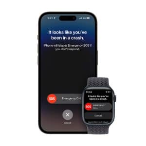 An iPhone and an Apple Watch display an Emergency Apple Alerts crash detection screen, prompting the user to make an emergency call or cancel, with the message: "It looks like you've been in a crash.