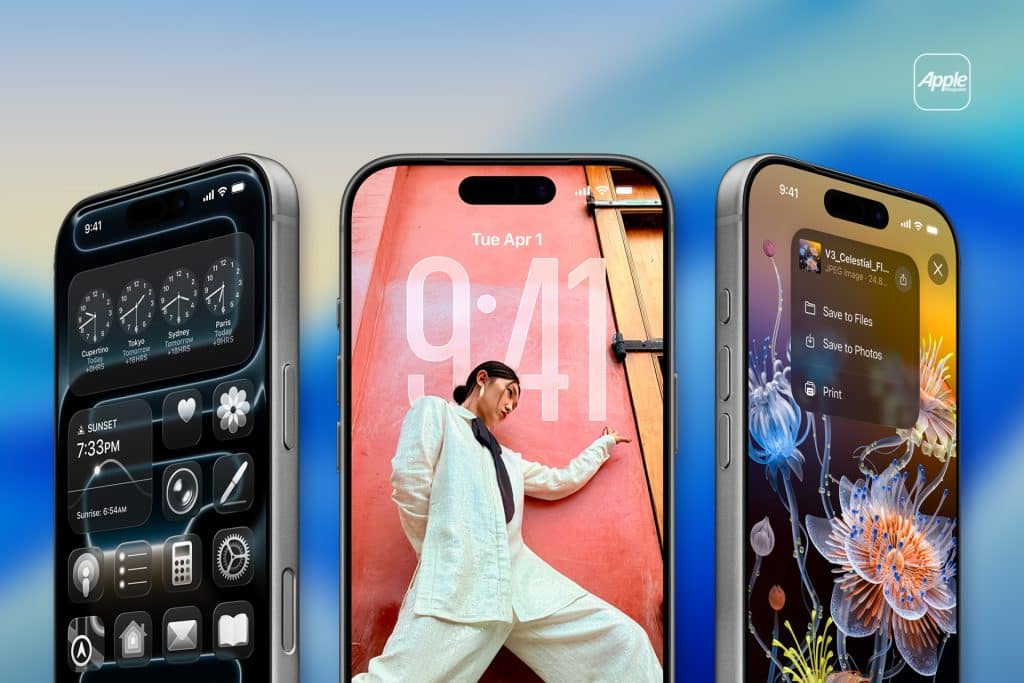Three iPhones stand side by side, highlighting vibrant screens—a weather widget view, a woman posing on a wallpaper, and a flower-themed wallpaper with sharing menu—showcasing Apple’s AI processing power. The Apple logo appears in the corner.