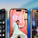 Three iPhones stand side by side, highlighting vibrant screens—a weather widget view, a woman posing on a wallpaper, and a flower-themed wallpaper with sharing menu—showcasing Apple’s AI processing power. The Apple logo appears in the corner.