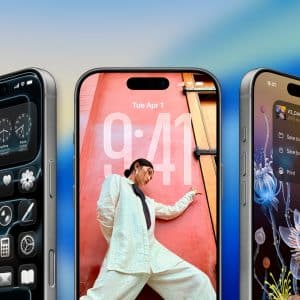 Three iPhones stand side by side, highlighting vibrant screens—a weather widget view, a woman posing on a wallpaper, and a flower-themed wallpaper with sharing menu—showcasing Apple’s AI processing power. The Apple logo appears in the corner.