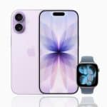 A lavender iPhone in Apple Low Power Mode displays a purple abstract flower pattern beside an Apple Watch with a blue strap and blue-themed face, both set against a crisp white background.