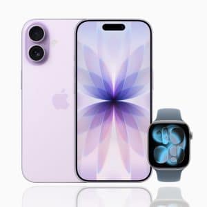 A lavender iPhone in Apple Low Power Mode displays a purple abstract flower pattern beside an Apple Watch with a blue strap and blue-themed face, both set against a crisp white background.
