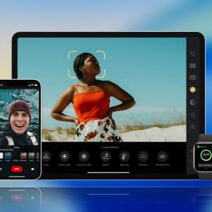 A smartphone, tablet, and smartwatch display various apps—a video call, outdoor photo editing, and a fitness app. The Apple logo appears in the corner on a blue gradient background, highlighting innovation with Apple generative AI. - Apple AGI