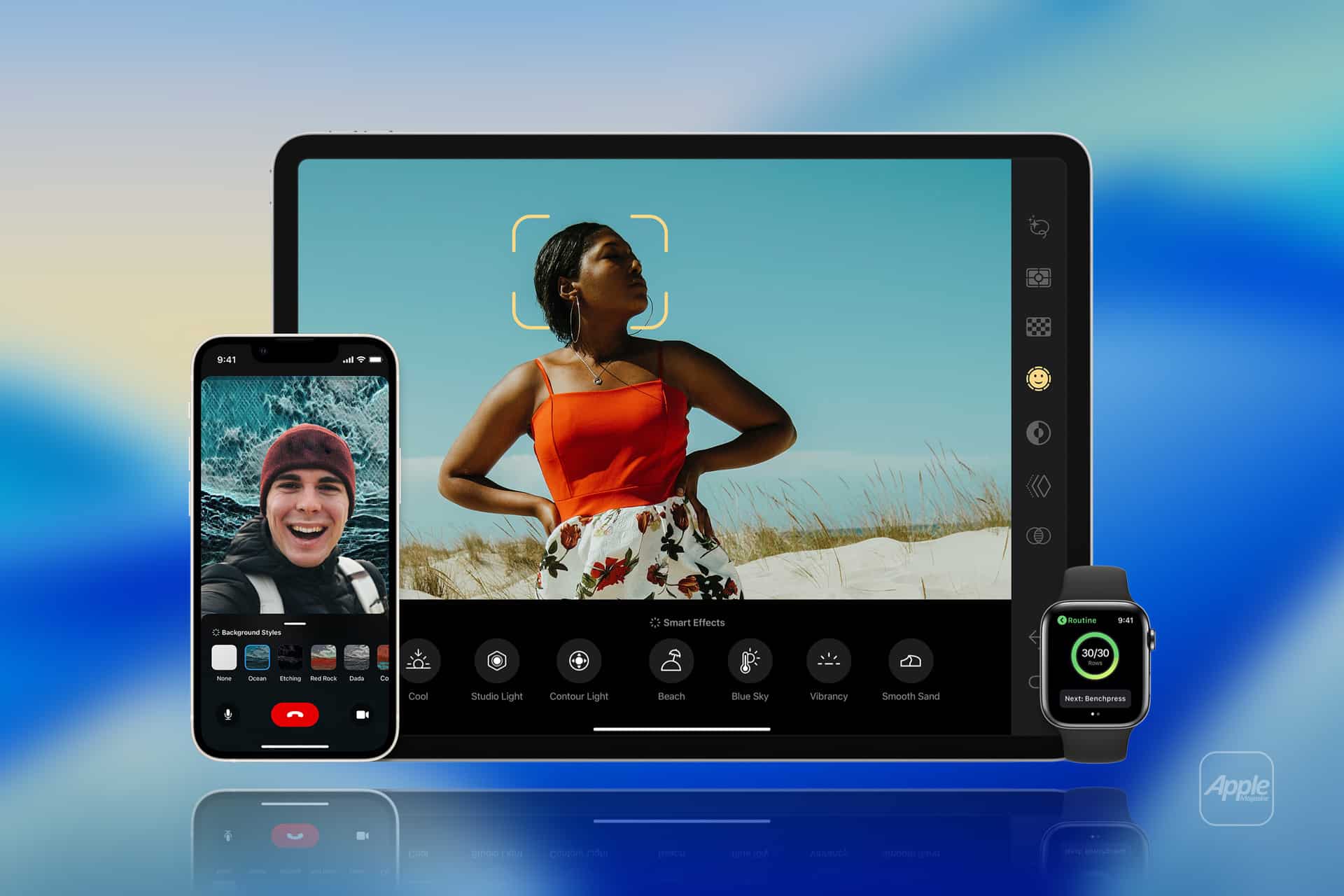 A smartphone, tablet, and smartwatch display various apps—a video call, outdoor photo editing, and a fitness app. The Apple logo appears in the corner on a blue gradient background, highlighting innovation with Apple generative AI. - Apple AGI
