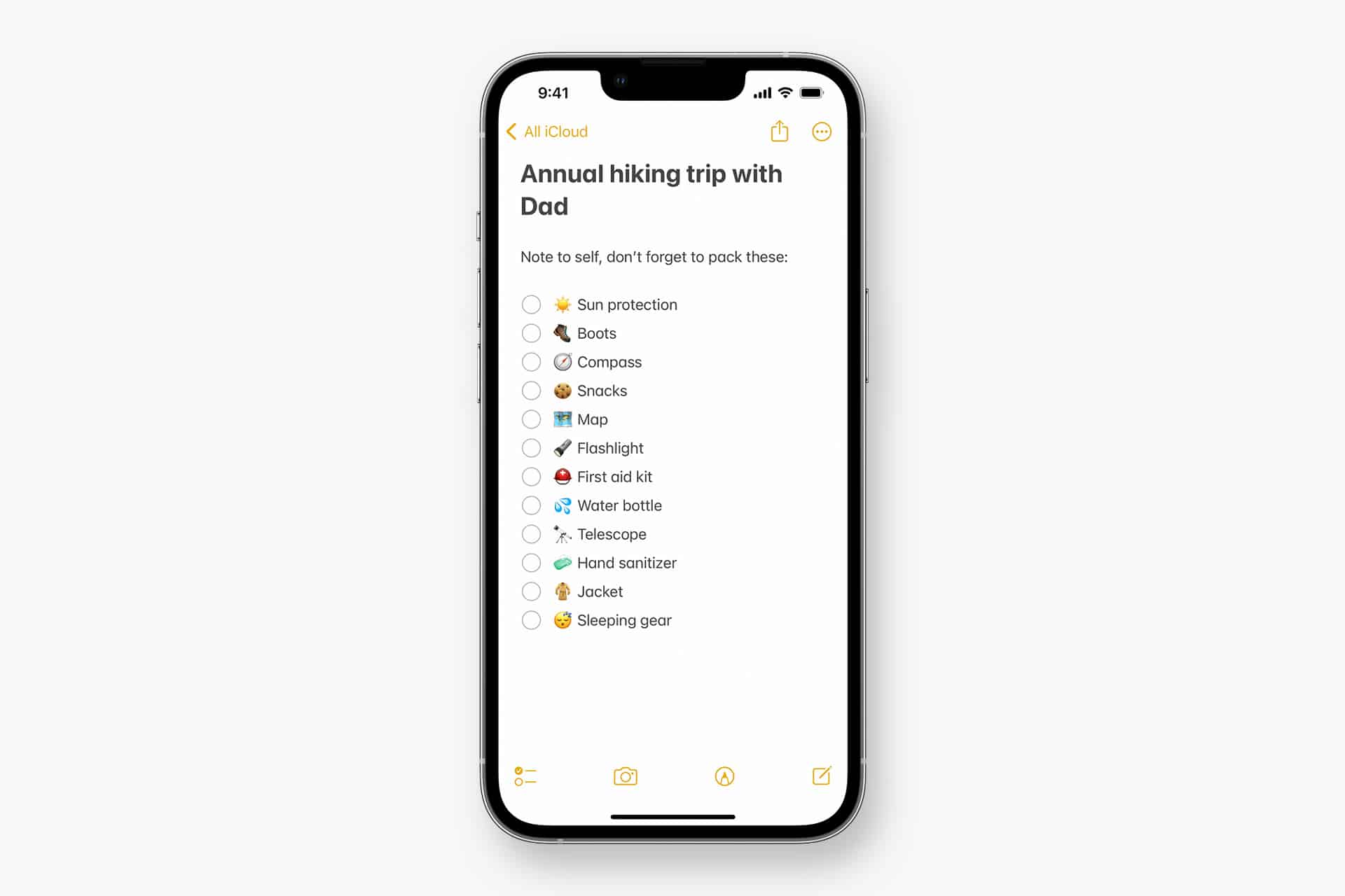 A smartphone displays a checklist titled "Annual hiking trip with Dad," listing essentials like sun protection, snacks, and compass—showcasing Teamwork Across Apple Devices for seamless apple notes collaboration.