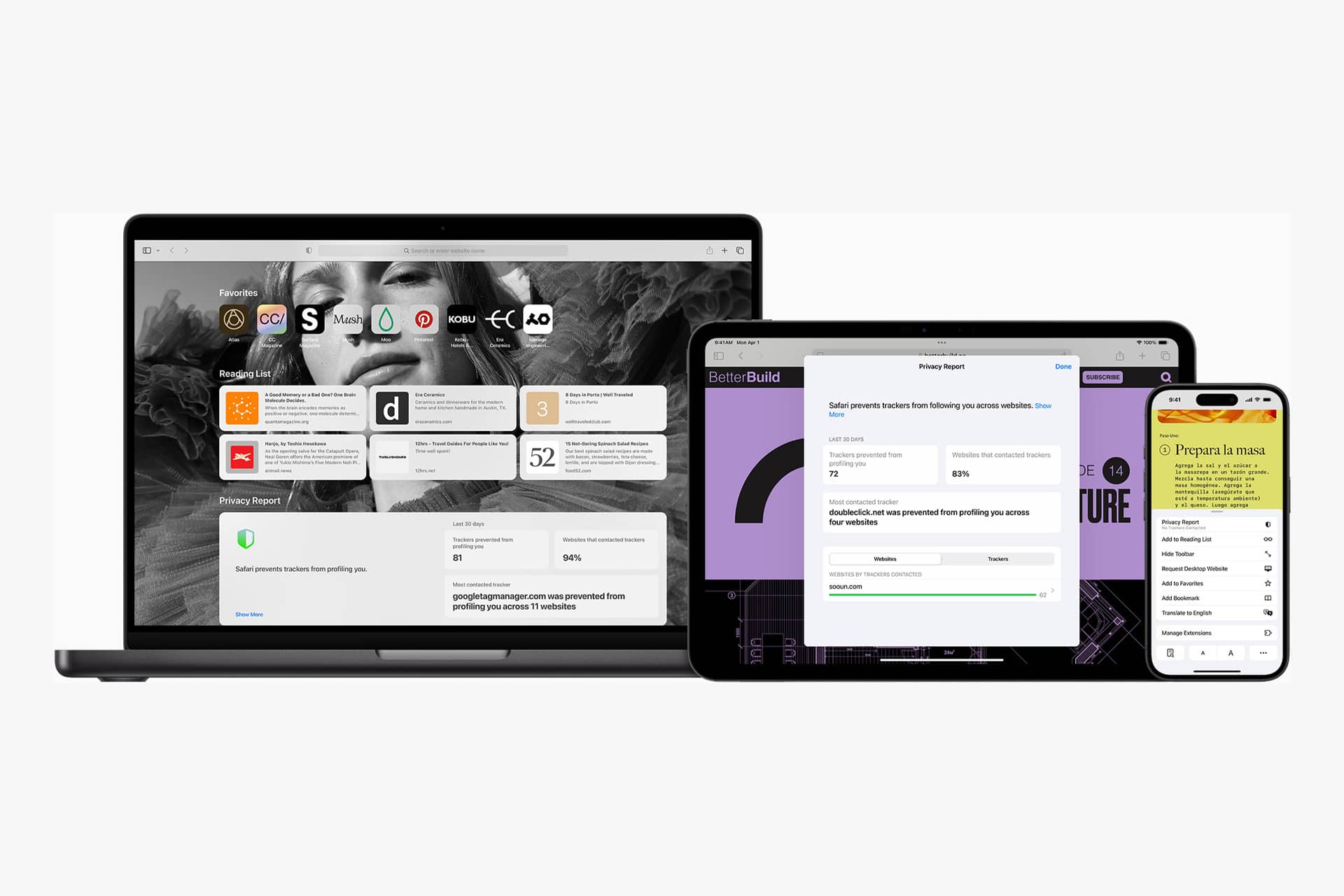 A laptop, tablet, and smartphone display various privacy and security settings interfaces, including permissions, privacy reports, Safari Profiles, and app tracking requests, against a white background.
