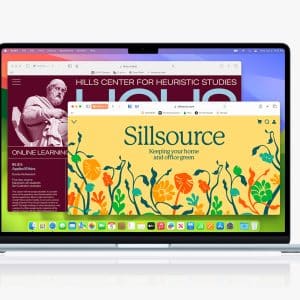 A MacBook laptop displays multiple open browser windows, including a colorful "Sillsource" site with floral graphics and another site about academic ethics, using Mac Safari Profiles. The macOS desktop and app icons are visible at the bottom.