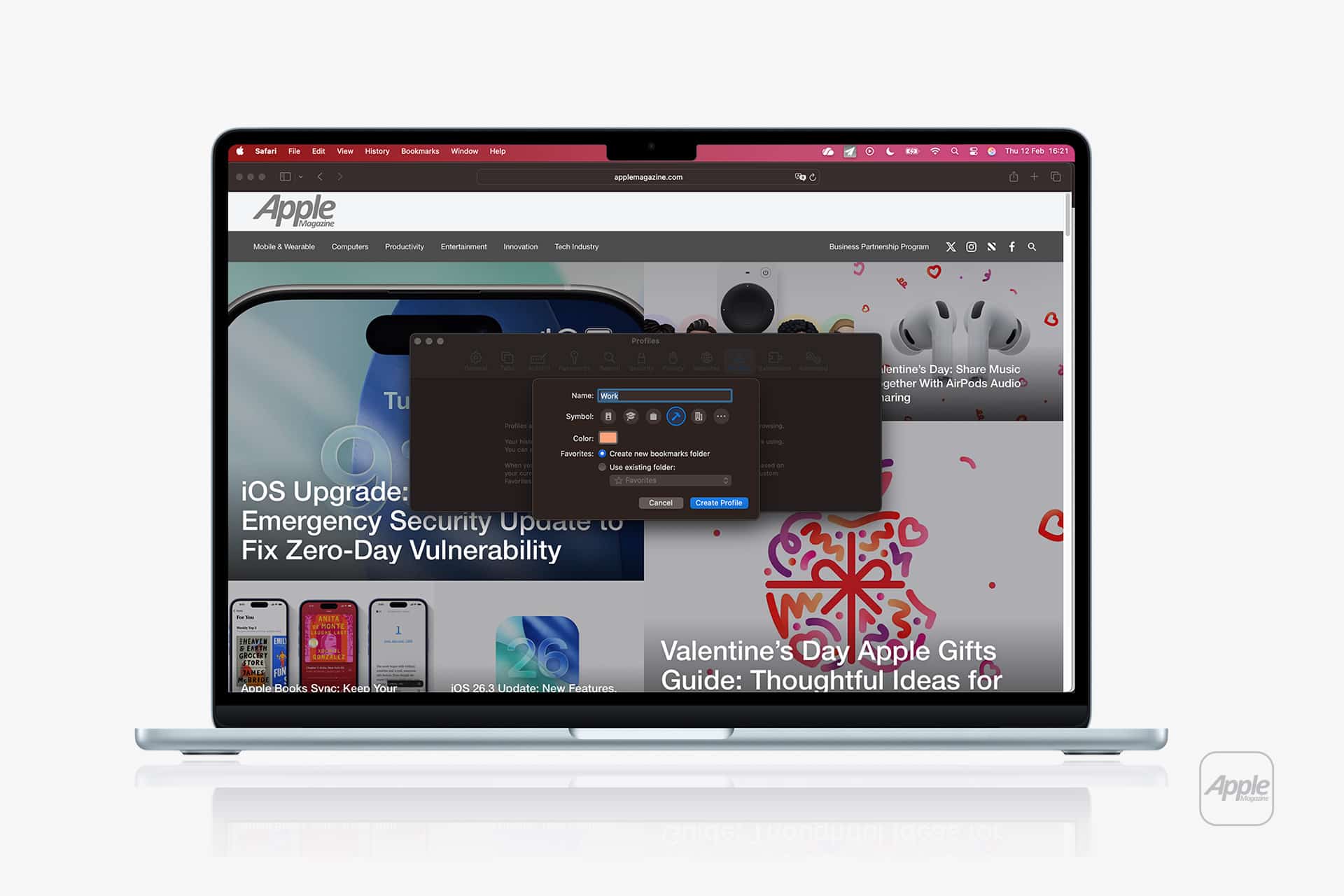 A laptop displays the Apple website with articles and images, while a dark pop-up window featuring sharing options appears in the center of the screen—showcasing how Mac Safari Profiles enhance your browsing experience.