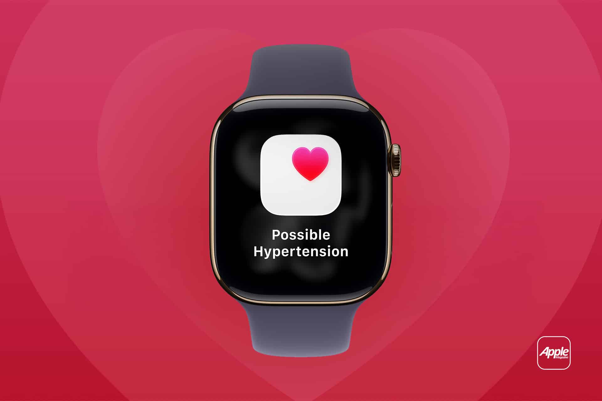 A smartwatch with a heart icon and the message "Possible Hypertension" on its screen, set against a red background with a faint heart shape and the Apple logo in the corner, highlights Preventive Heart Care features like tracking afib symptoms. - atrial fibrillation
