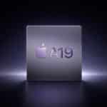 A glowing, metallic chip labeled "A19" with the Apple logo in purple, displayed on a dark, illuminated background, suggesting a next-generation Apple processor.