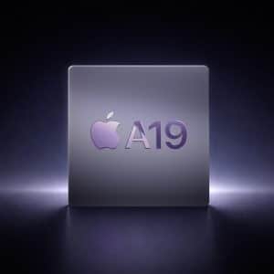 A glowing, metallic chip labeled "A19" with the Apple logo in purple, displayed on a dark, illuminated background, suggesting a next-generation Apple processor.